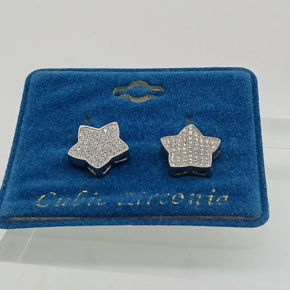Vintage 1990s Silver Tone Cubic Zirconia Star Stud Micro Pave Earrings Deadstock